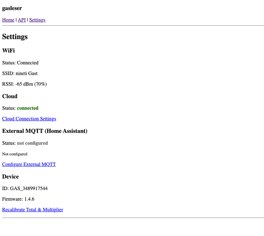 gasleser Settings-Seite